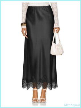 Satin Lace Trim Maxi Skirt High Waisted Flowy A-Line Long Skirt